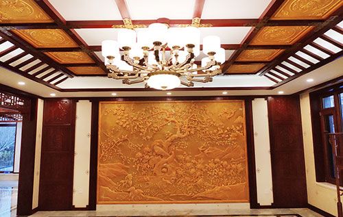 双滦中式别墅客厅中式木作横梁吊顶装饰展示